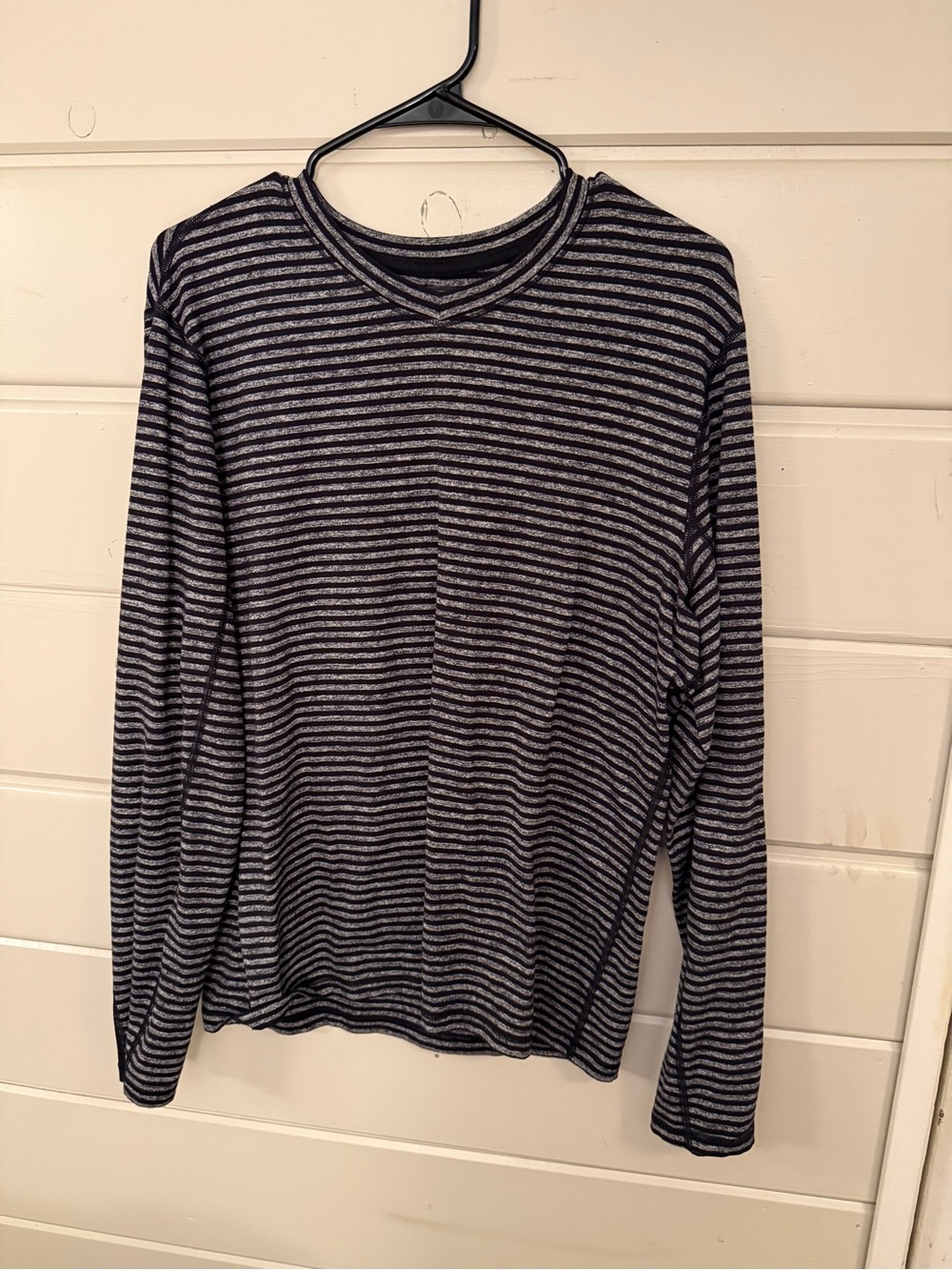 lululemon athletica Men's Navy and Gray Striped Crewneck Sweater